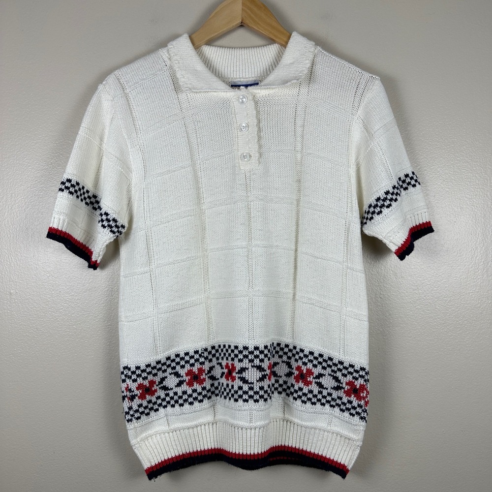 Cape Cod Women's Medium Knit Polo Shirt White Fair Isle Geometric Vintage